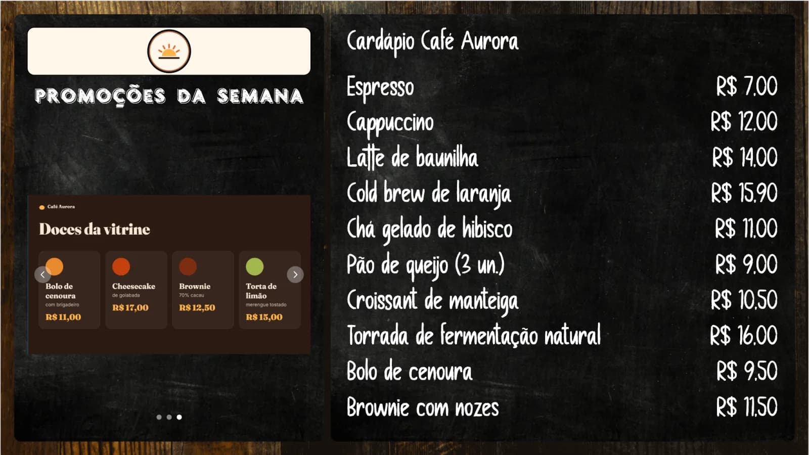 The menu of Café Aurora, a fictional café, as the TV shows it: ten items with prices next to the week's promotions